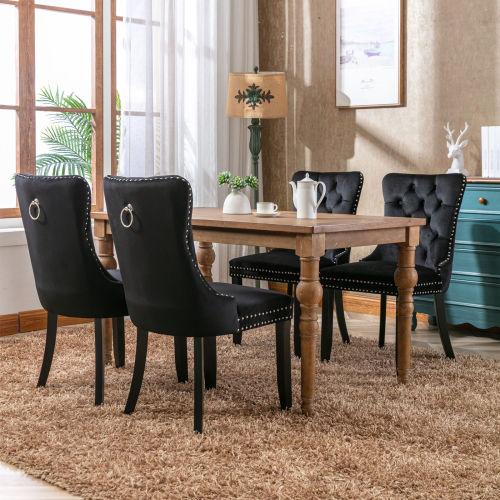 Set of 2, Contemporary Velvet Upholstered Dining Chair with Wooden Legs Nail Head Trim