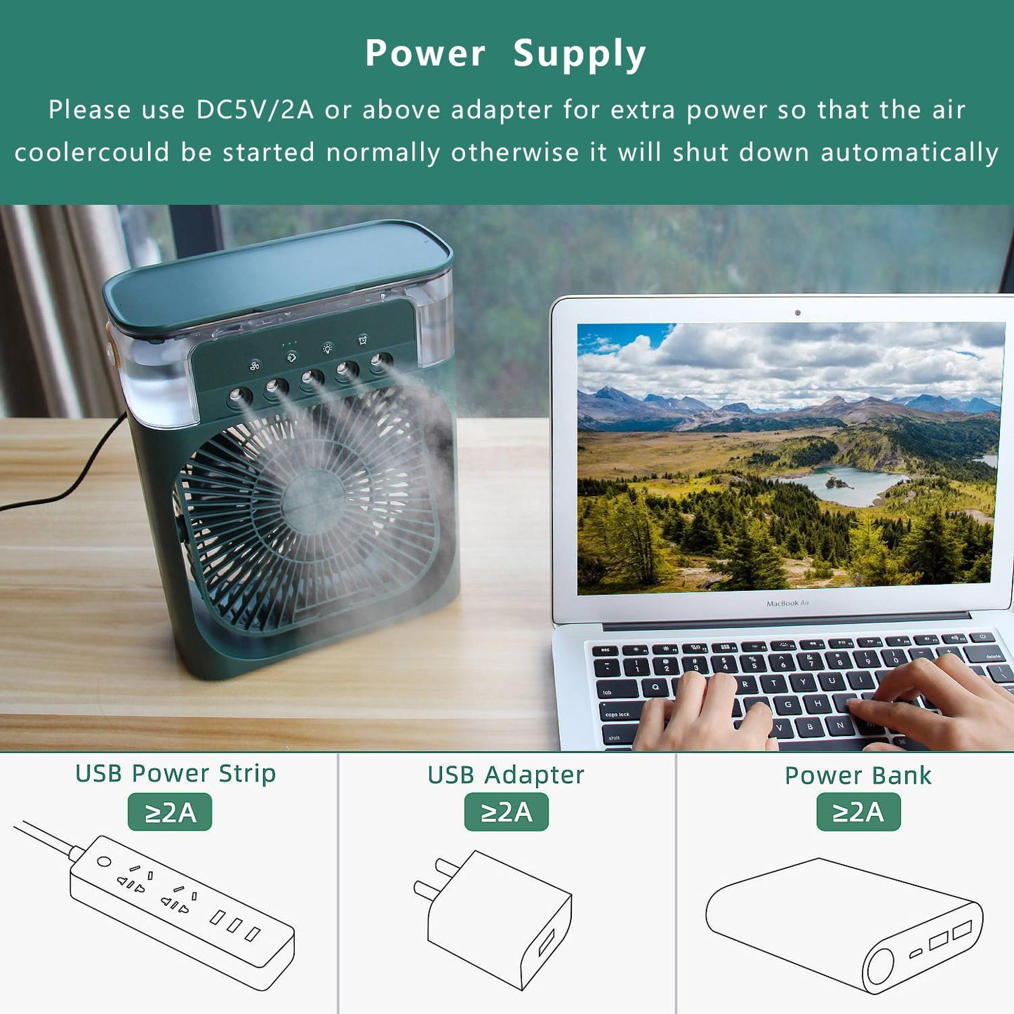 Portable Air Conditioner Fan, 5 In 1 900ml Timed Air Cooling Fan With 7 Color Lights 5 Jets 3 Speeds