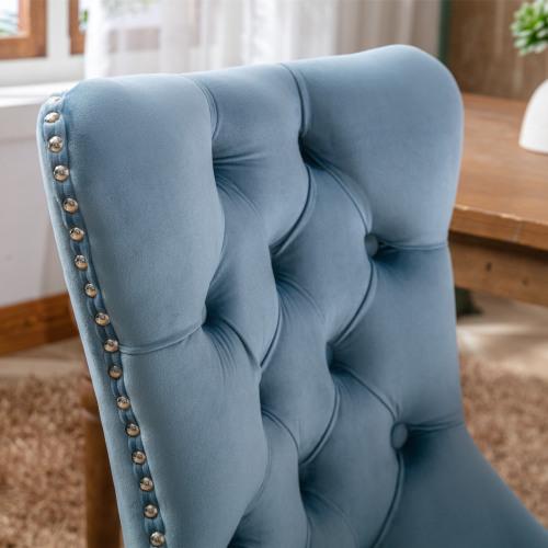 Set of 2, Contemporary Velvet Upholstered Dining Chair with Wooden Legs Nail Head Trim