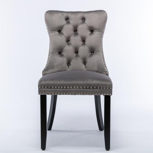 Set of 2, Contemporary Velvet Upholstered Dining Chair with Wooden Legs Nail Head Trim