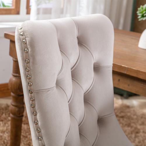 Set of 2, Contemporary Velvet Upholstered Dining Chair with Wooden Legs Nail Head Trim