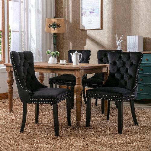 Set of 2, Contemporary Velvet Upholstered Dining Chair with Wooden Legs Nail Head Trim