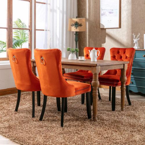Set of 2, Contemporary Velvet Upholstered Dining Chair with Wooden Legs Nail Head Trim