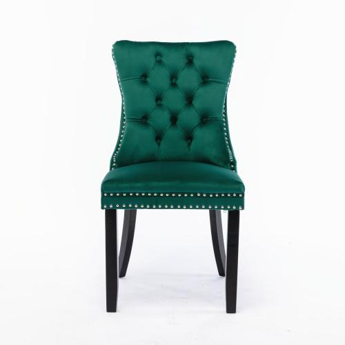 Set of 2, Contemporary Velvet Upholstered Dining Chair with Wooden Legs Nail Head Trim