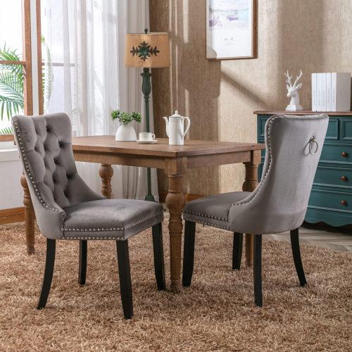 Set of 2, Contemporary Velvet Upholstered Dining Chair with Wooden Legs Nail Head Trim