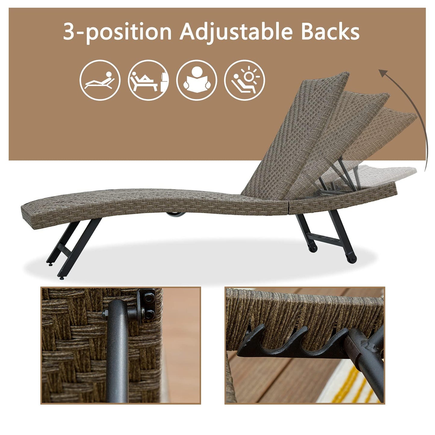 Domi Outdoor Living Outdoor PE Rattan Chaise Lounge - Set of 2 Patio Reclining Chair Furniture Set B