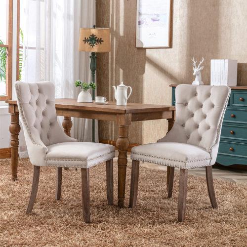 Set of 2, Contemporary Velvet Upholstered Dining Chair with Wooden Legs Nail Head Trim
