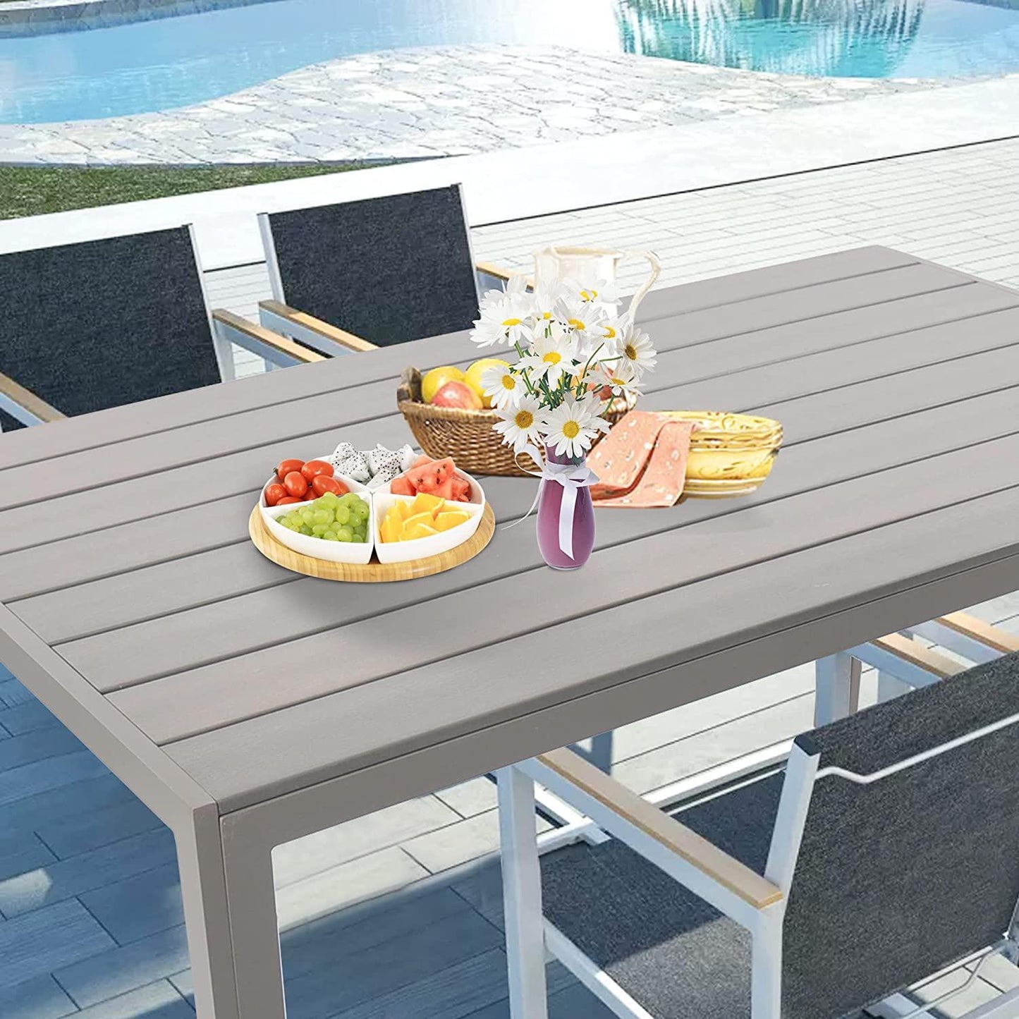 Outdoor Patio 55" Rectangular Dining Table for 6 Metal Aluminum Frame with Grey Wood Look