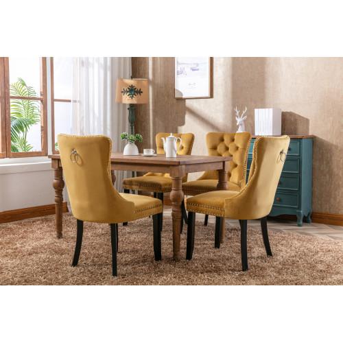 Set of 2, Contemporary Velvet Upholstered Dining Chair with Wooden Legs Nail Head Trim