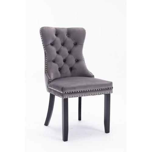 Set of 2, Contemporary Velvet Upholstered Dining Chair with Wooden Legs Nail Head Trim