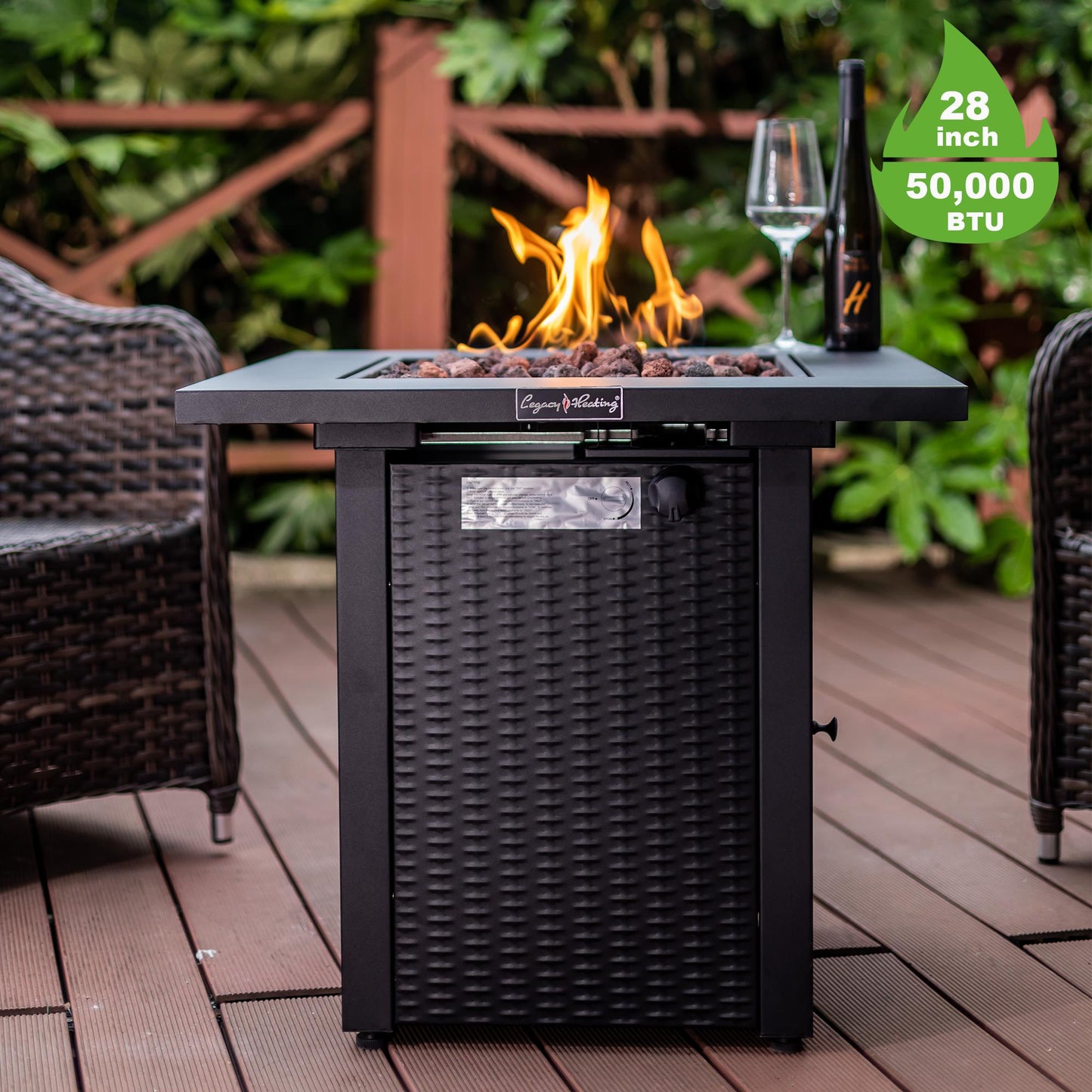 28in Square Propane Fire Pit Table Wicker-Look 50,000BTU Gas Fire Pit Table