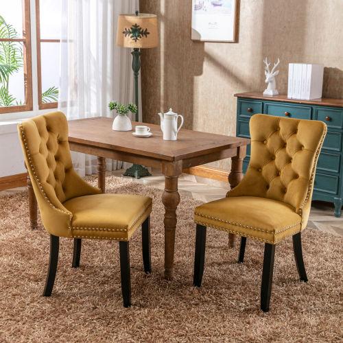 Set of 2, Contemporary Velvet Upholstered Dining Chair with Wooden Legs Nail Head Trim