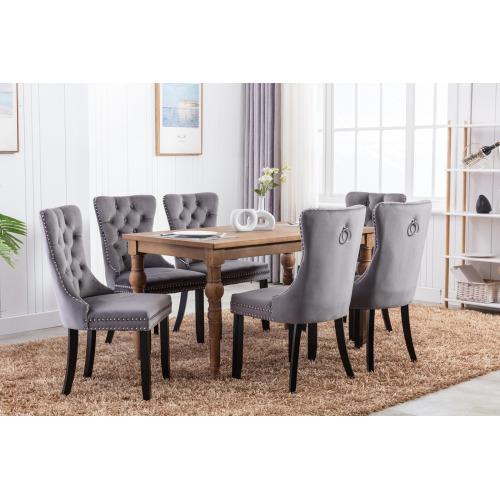 Set of 2, Contemporary Velvet Upholstered Dining Chair with Wooden Legs Nail Head Trim